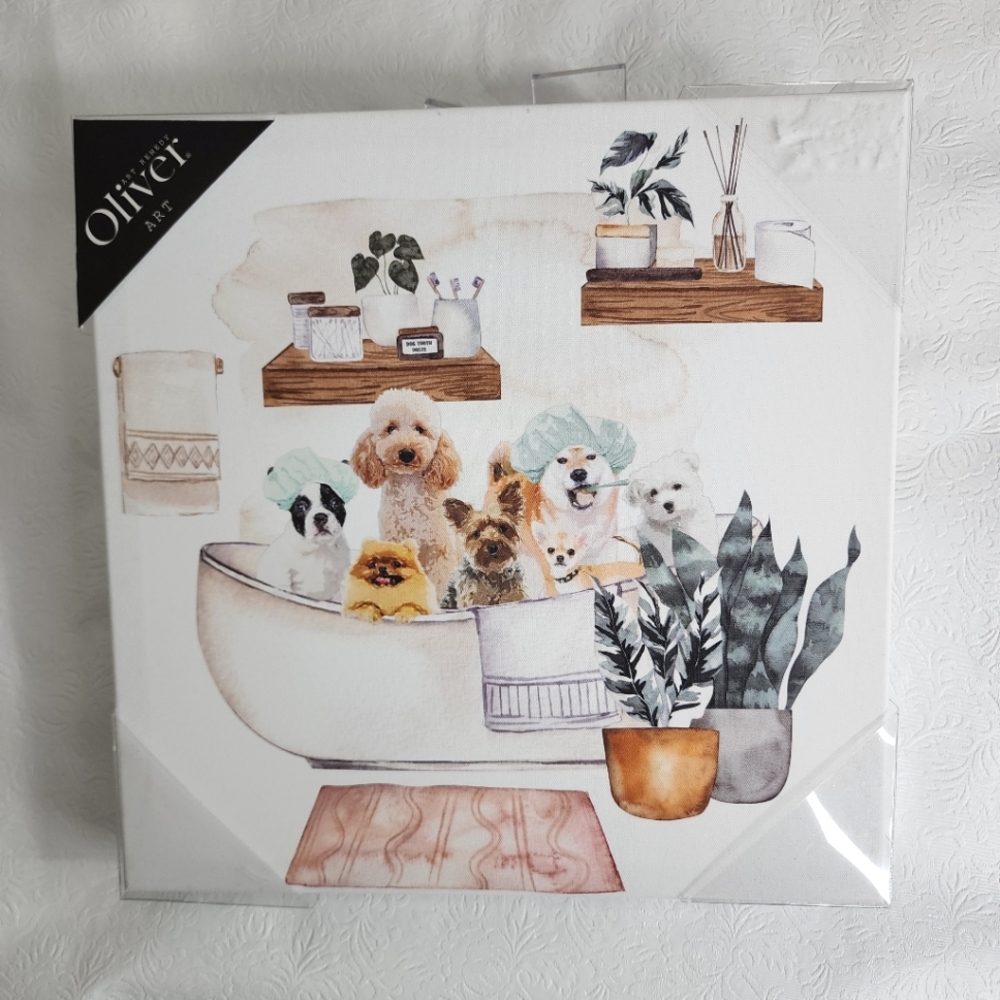 Canvas Artwork Dogs in Bathtub 12" x 12" Boston Yorkie Maltese Chihuahua NEW
